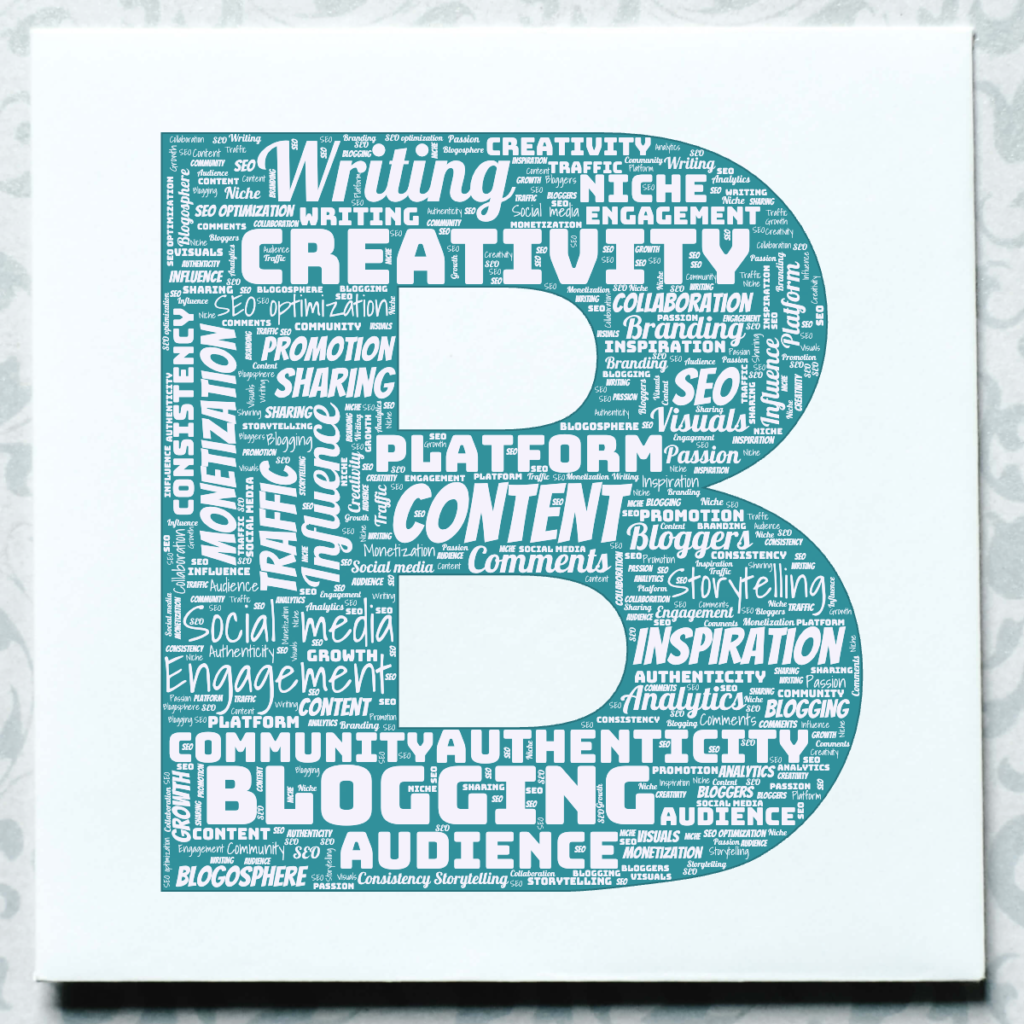 A word cloud about blogging, on a background with a paper sheet