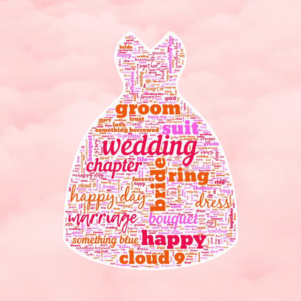 A wedding-themed word cloud in the shape of a wedding dress, on a background of pink clouds. Words include "wedding", "bride", "groom", "ring", "cloud 9".