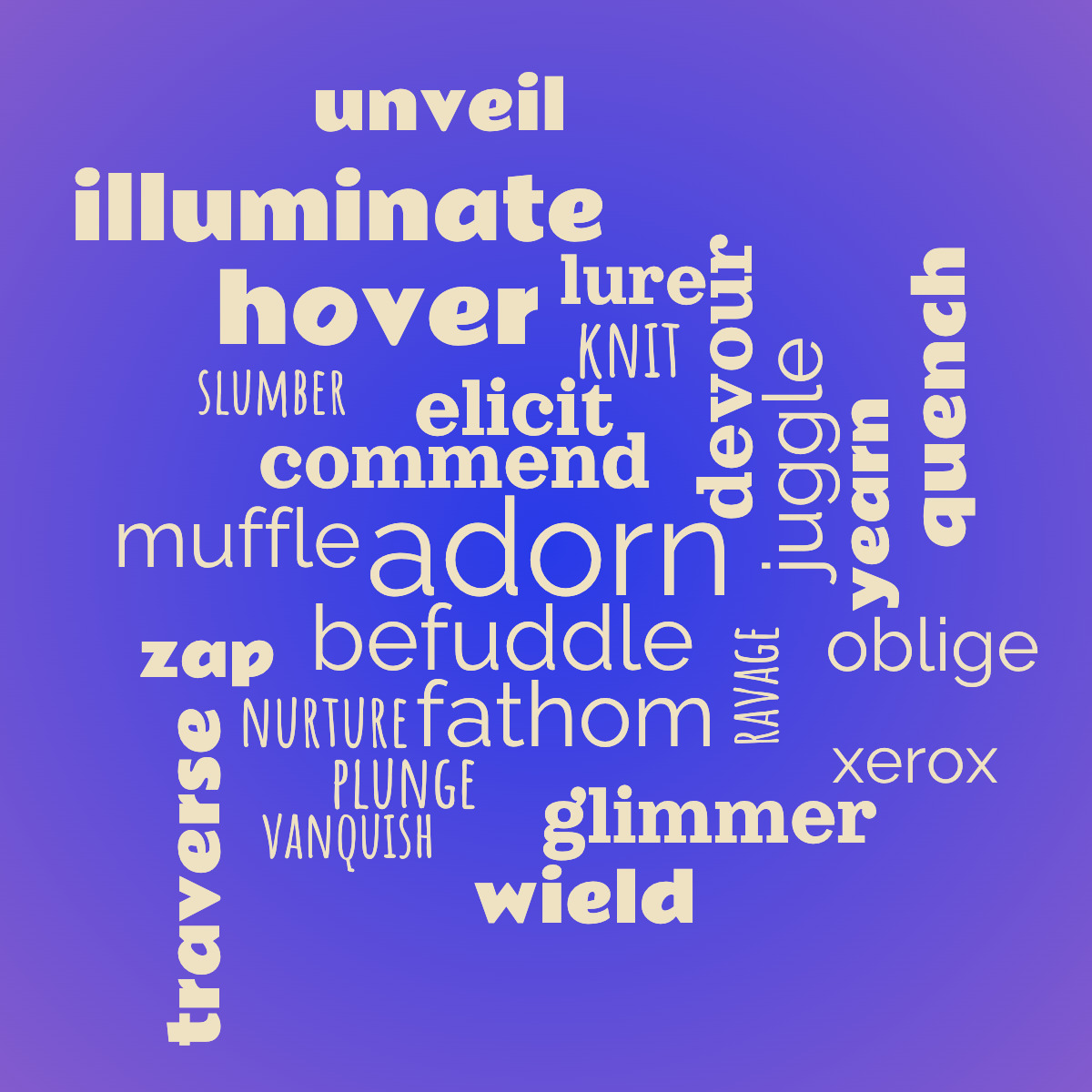 A word cloud with rare but useful English verbs