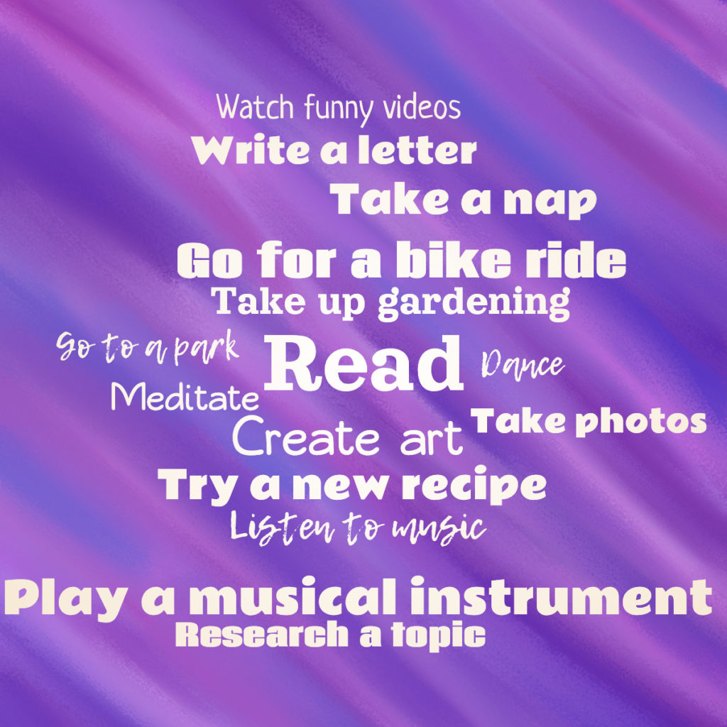 A word cloud listing fun activities such as "go to a park", "dance", "write a letter"