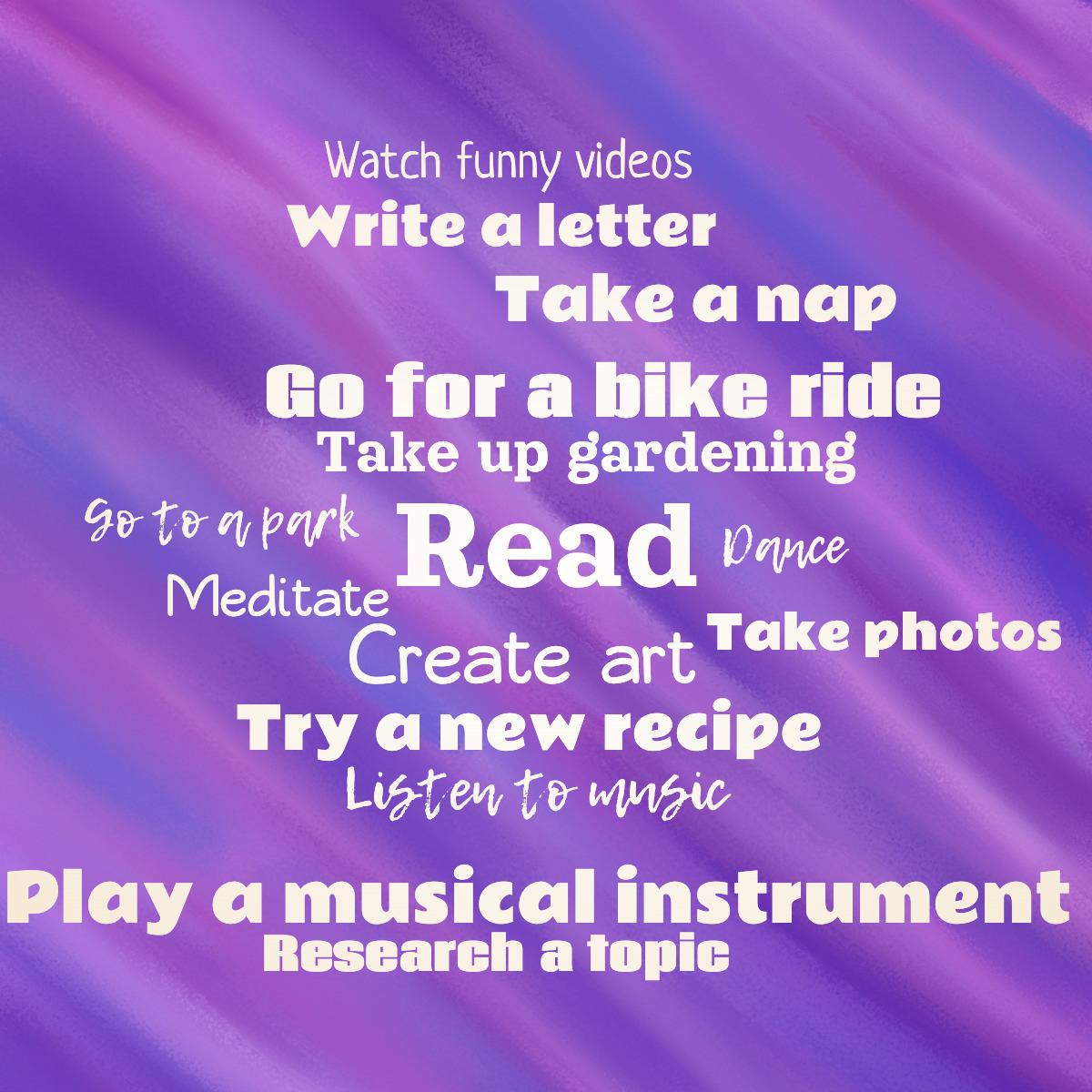 A word cloud listing fun activities such as "go to a park", "dance", "write a letter"