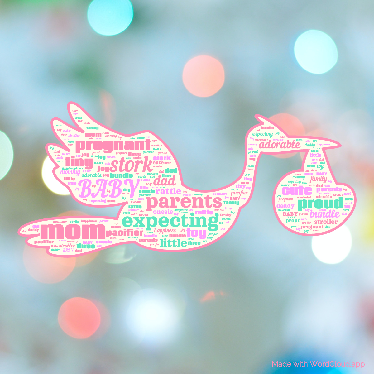 A word cloud in the shape of a stork carrying a baby bundle, with words such as "baby", "parents", "expecting" and "adorable".