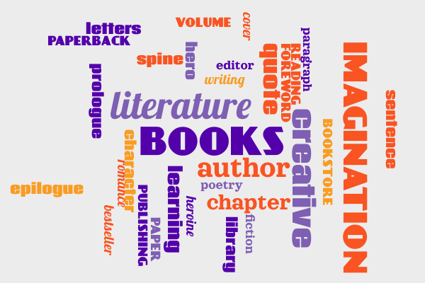 A word cloud about books and literature
