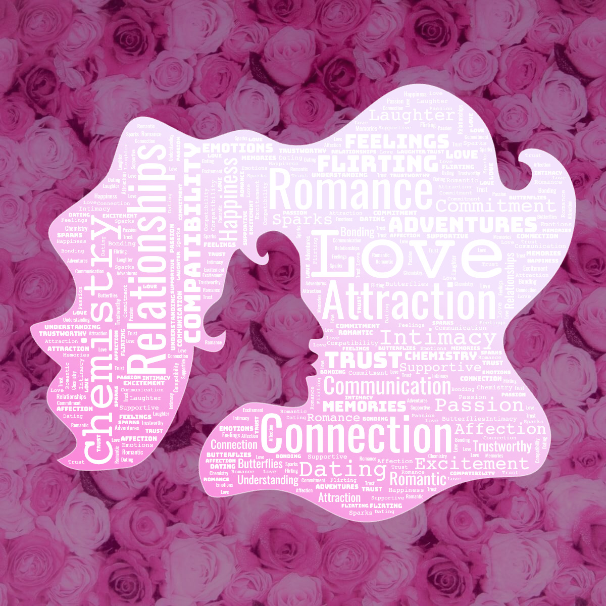 A word cloud about dating, in the shape of a woman's silhouette on a background of roses