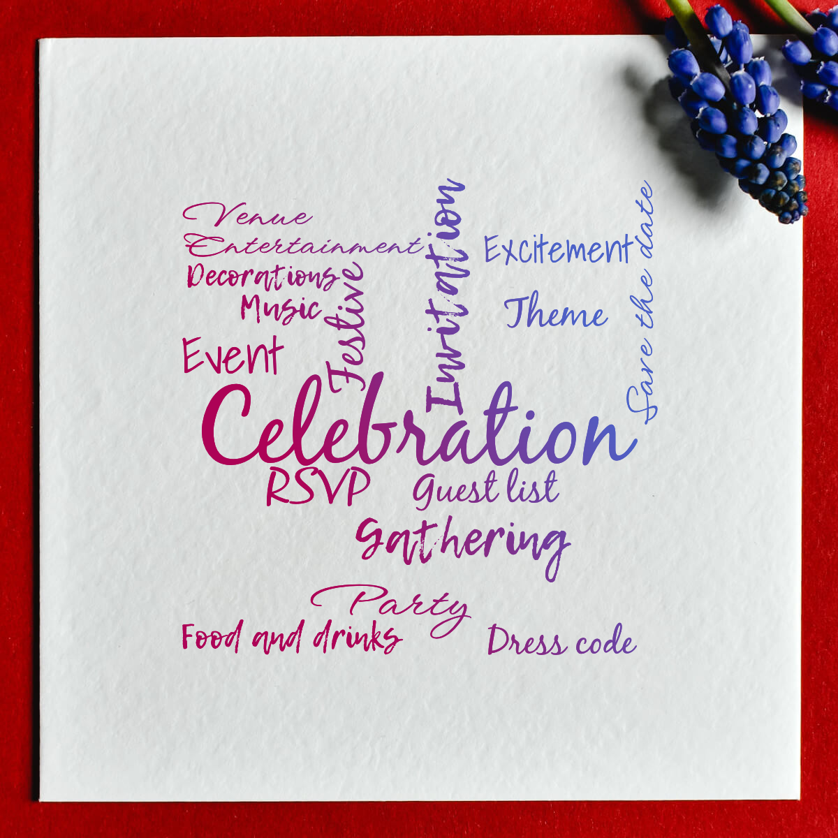 A party invitation card with words arranged in a word cloud