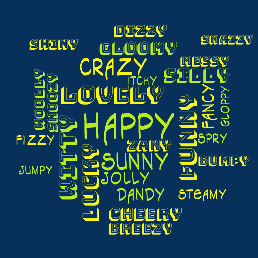A word cloud with some rhyming adjectives