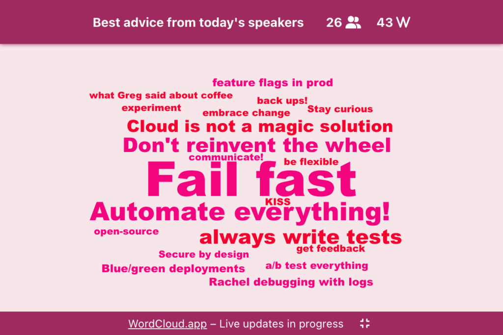 A live interactive word cloud displaying responses to the question: 'Best advice from today's speakers' with 26 participants and 43 words added.