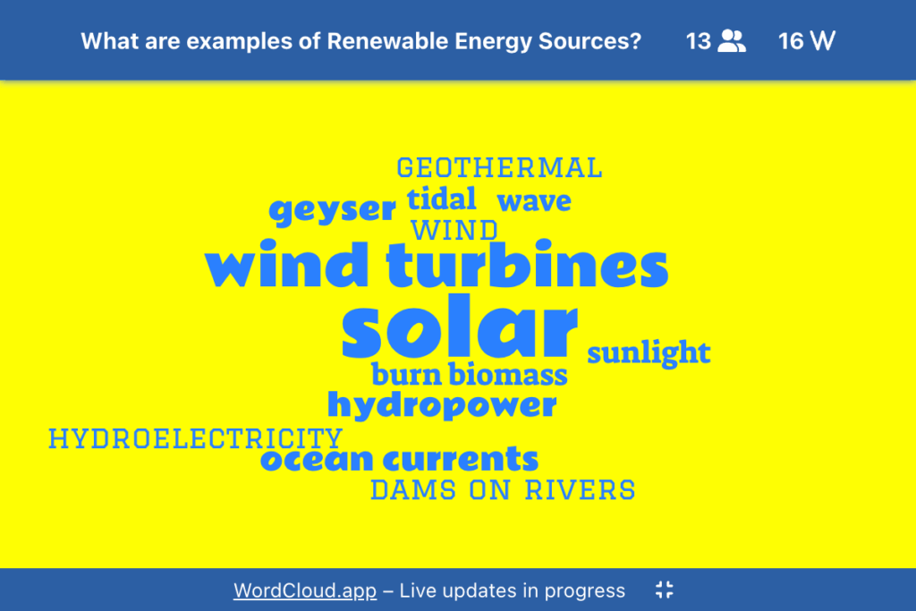 A live interactive word cloud displaying responses to the question: 'What are examples of Renewable Energy Sources?' with 13 participants and 16 words added.